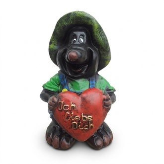 Decorative sculpture designed as a colorful mole figure holding a big red heart 40cm