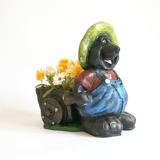 Decorative sculpture designed as a mole gardener with a wheelbarrow of flowers 46cm