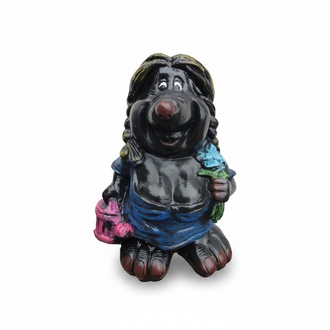Decorative sculpture designed as a black colored mole lady with a watering can & a flower