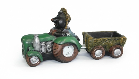 Decorative sculpture designed as mole gardener on a tractor carrying a trolley 44x85cm