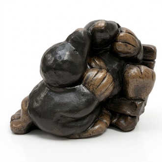 Full black colored decorative matte sculpture of two mole cubs 42x44cm c157