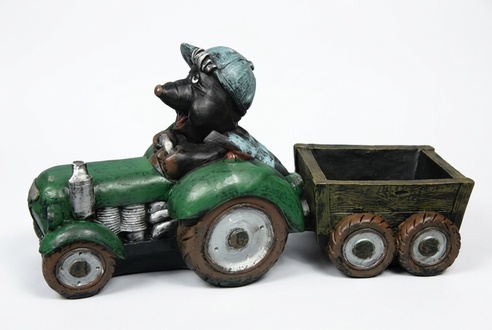 Decorative figure of black mole miner on a tractor carrying a trolley 52x106cm C258