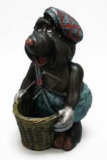 Decorative designer sculpture of black colored mole gardener with a basket 63cm height