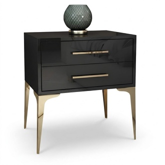Modern style designer gloss bedside table with 2-sliding drawers made of wooden & stainless steel frame