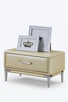 Leather upholstered designer bedside table in modern style made of real wooden & stainless steel with a sliding drawer
