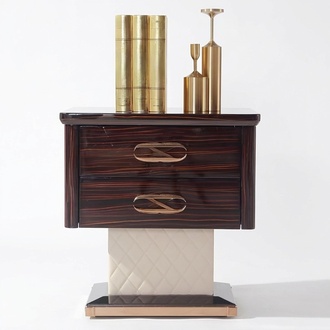 Modern style designer gloss bedside table made of real wooden & stainless steel with 2-sliding drawers