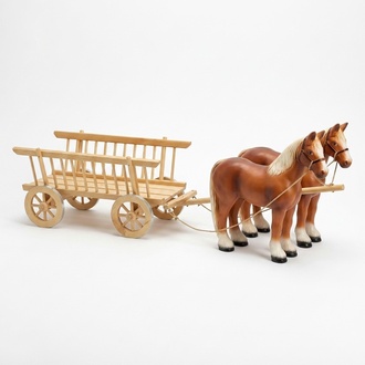 Decorative figure of 2-horses with wooden carriage statue 200cm length