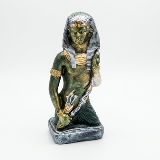 Ancient egyptian deco figure of a bronze blue colored sitting pharaoh 48cm