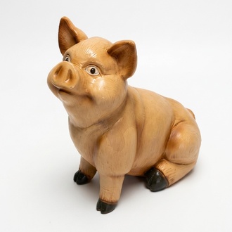 Decorative sculpture designed as light pink colored sitting piglet 56x60cm c177a