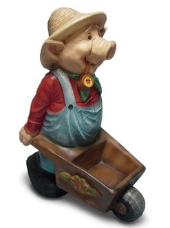 Decorative sculpture designed as an old pig with a smoking pipe & a wheelbarrow 80x62cm c218
