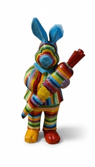 Blue rabbit decorative sculpture with a carrot in colorful stripes 86cm height
