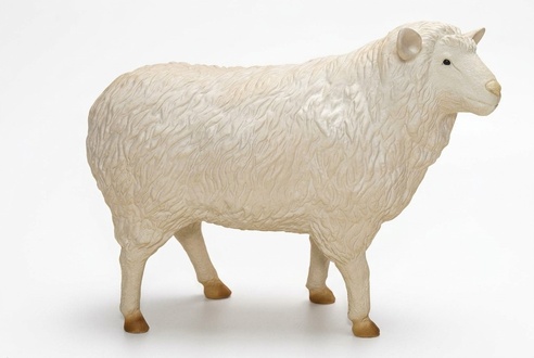 Massive garden decorative sculpture designed as full white colored shaggy sheep 85x115x45cm