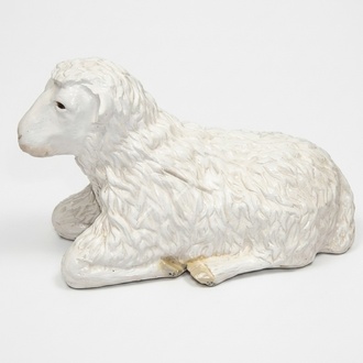 Decorative sculpture designed as full white colored shaggy resting sheep 42x60cm