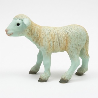 Decorative motley white colored sculpture designed as shaggy standing lamb 83x67cm