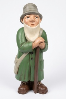 Cartoon decorative sculpture designed as shepherd in a green raincoat with a cane 50cm