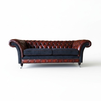 Design Sofa 3 Seater Brown Chesterfield Couch Leather Upholstery Textile