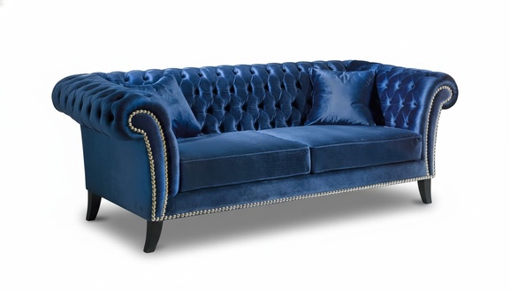 Chesterfield Classic Sofa 3-Seater Blue Textile Upholstered Living Room Comfortable Couch With Cushions New