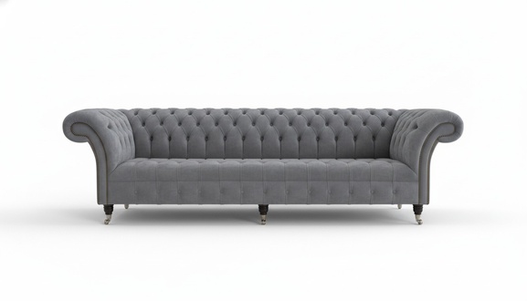 Luxurious Chesterfield Sofa 4-Seater Grey Textile Upholstered Comfortable Living Room Couch on Casters New
