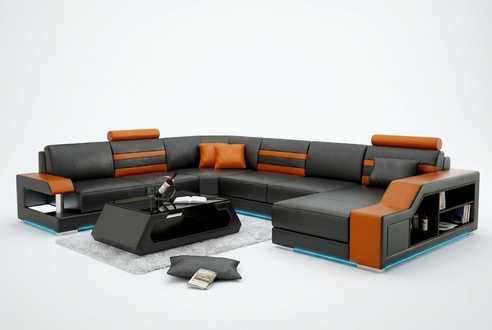 Design sofa corner sofa living landscape with shelf upholstered seating set leather sofa USB.