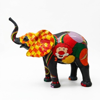 Black colored elephant decorative sculpture with a clown picture 160x160cm sizes