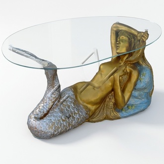 Glass coffee table with a mermaid colorful decorative sculpture 51cm