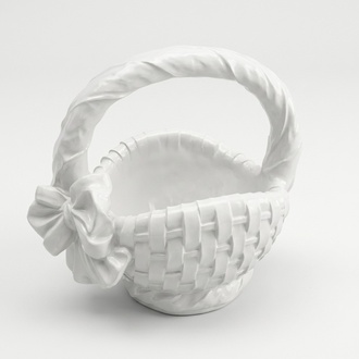 Decorative gloss full white colored sculpture designed as basket with a bow 46cm height