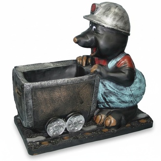 Decorative sculpture designed as black colored mole miner with a carriage figure