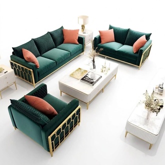 Design Velvet Sofa Couch Group Set 3+1+1 Metal Set Luxury Sofas New 3pcs