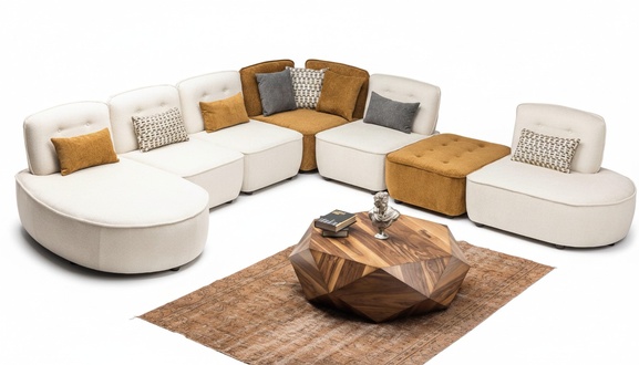 Design living room L-shaped corner sofa in beige made of premium textile living landscape.