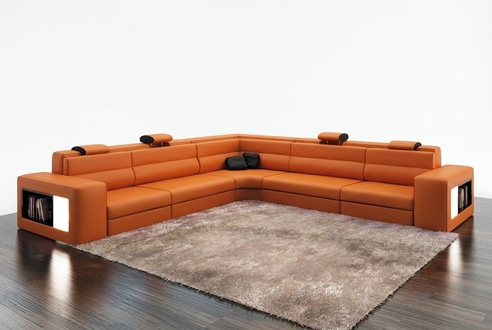 Design XXL big corners upholstery corner sofa couch leather sofas set L shape + light