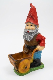 Garden decor figure designed as a colorful dwarf with a square wooden wheelbarrow 77cm