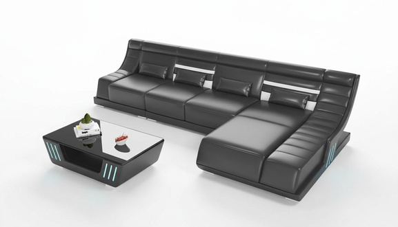 Designer Corner Sofa L-Shape Black Faux Leather Upholstered Sofa Corner