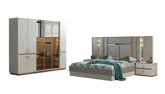 Designer bed Wooden wardrobe Luxury bedside tables Bedroom set