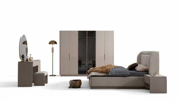 Designer beige bedroom set bed, 2 nightstands, wardrobe, 5 pieces.