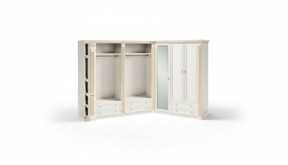 Designer beige wardrobe solid wood L-shape robust elegant cabinets