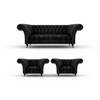 Designer Black Chesterfield Suite Elegant Armchairs Upholstered 3-Seater