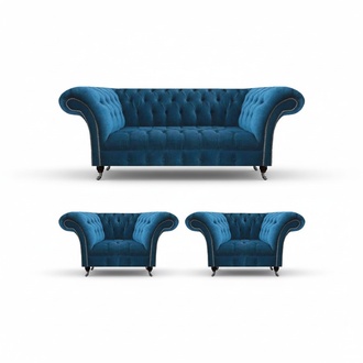 Designer blue Chesterfield upholstered furniture living room couch 2x armchairs 3-piece set
