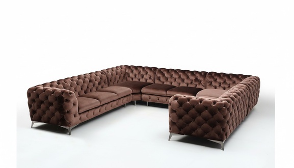 Chesterfield Corner Sofa U-Shaped Brown Textile Couch With Cushions Soft Comfortable New