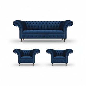 Designer Chesterfield Furniture Luxurious Upholstered Sofa 2x Textile Armchairs 3-piece set