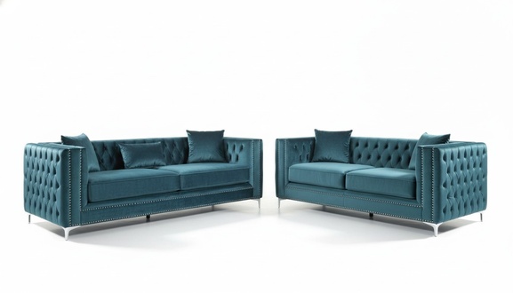 Chesterfield Duo Sofa Set 3+2 Seaters Upholstered Textile Blue Comfortable With Cushions New