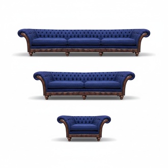 Designer Chesterfield Sofa Set Elegant Blue Three-Seater Chair 3-piece