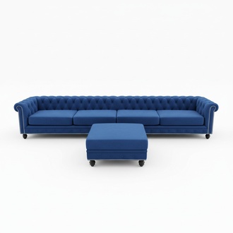 Chesterfield Sofa Set Textile XXL 4 Metre Sofa + Stool Upholstered Blue Living Room Couch