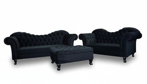 Designer Chesterfield sofa set textile 3 + 2 + Stool couch upholstery sofa new Black