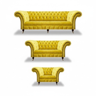 Designer Chesterfield Yellow Couch Set Luxury Sofas Armchairs 3-piece