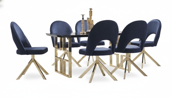Designer dining table set with wooden tabletop, stainless steel legs, table and chairs, 7 pieces.