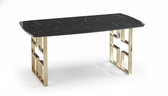 Designer dining table with black wooden top, rectangular tabletop, golden legs.