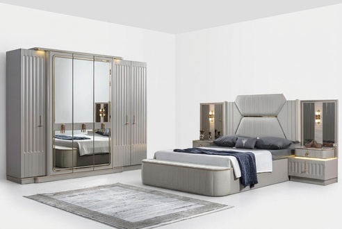 Designer furniture 4-piece bedroom set bed 2x bedside table closet