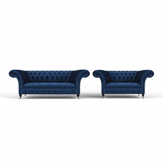 Designer furniture living room Chesterfield blue 2x sofas upholstered furniture decor