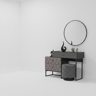 Designer grey dressing table round mirror upholstered stool luxury 3-piece set