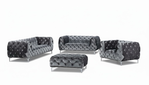 Chesterfield Complete Sofa Set 3+2+1 Seaters + Stool Grey Textile Upholstered Classic Couches New